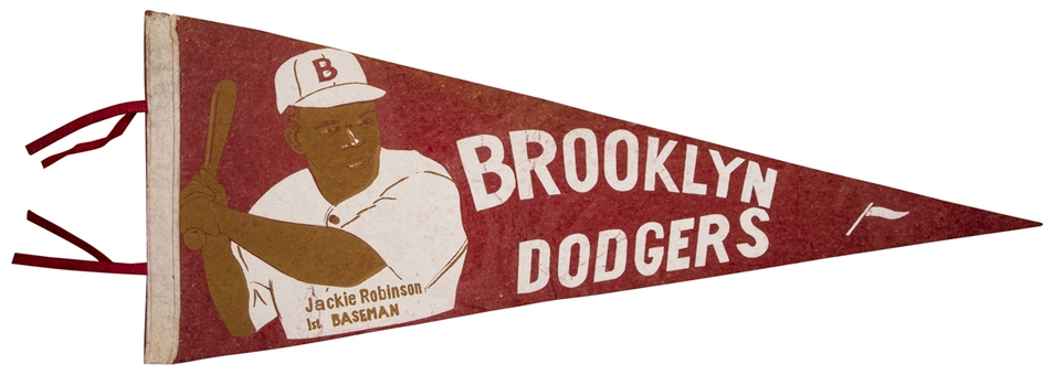 Rare 1947 Jackie Robinson Brooklyn Dodgers 28-Inch Long Red Photo Pennant With Tassels 